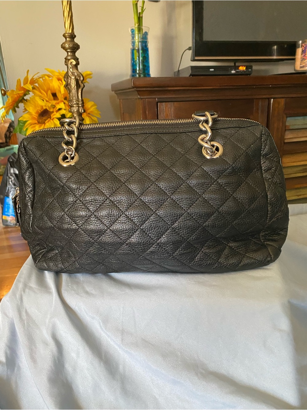 Calvin Klein Black Quilted Shoulder Bag with silver Chain Handles